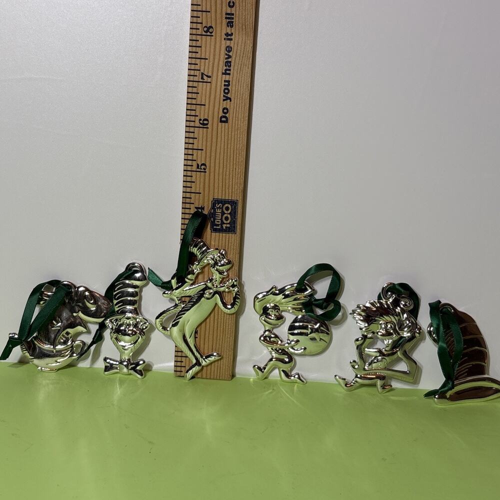 Vintage Set of 6 Dr Seuss The Cat in the Hat Silver Plated Metal Ornaments
